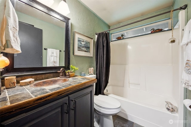 54611 278th Ave E, Ashford, WA 98304 - bathroom with toilet, shower / bathtub combination with curtain, a textured wall, and vanity
