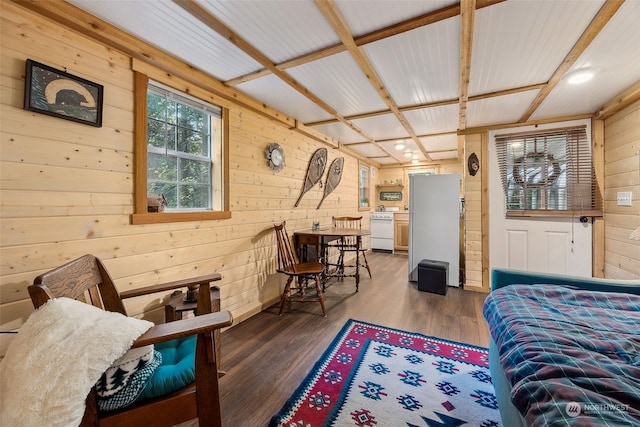 bedroom featuring wooden walls and dark wood-type flooring