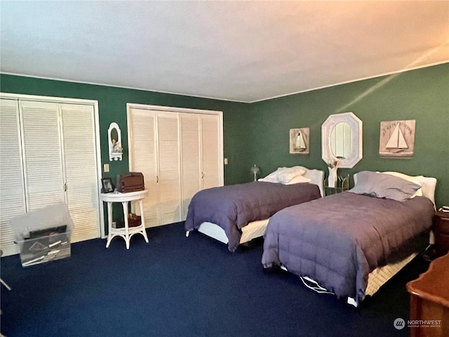bedroom with two closets and carpet