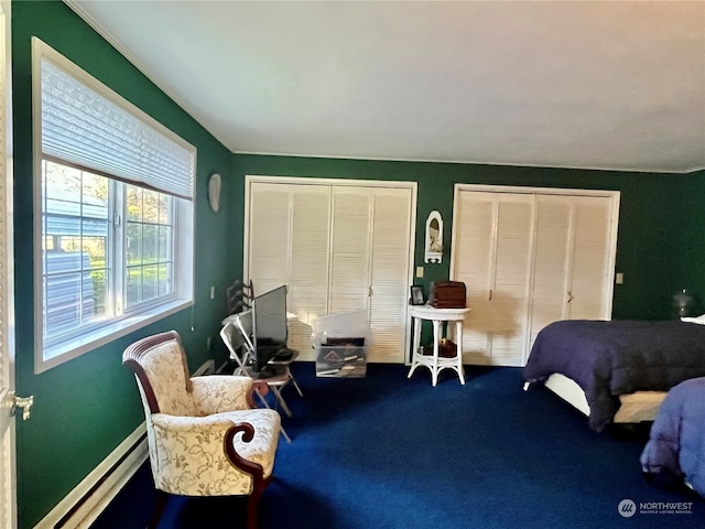 bedroom with multiple closets, carpet, and a baseboard radiator