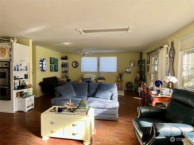 living room featuring ceiling fan and dark hardwood / wood-style flooring