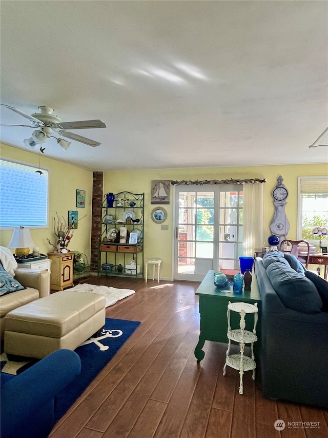 living room featuring ceiling fan and dark hardwood / wood-style flooring