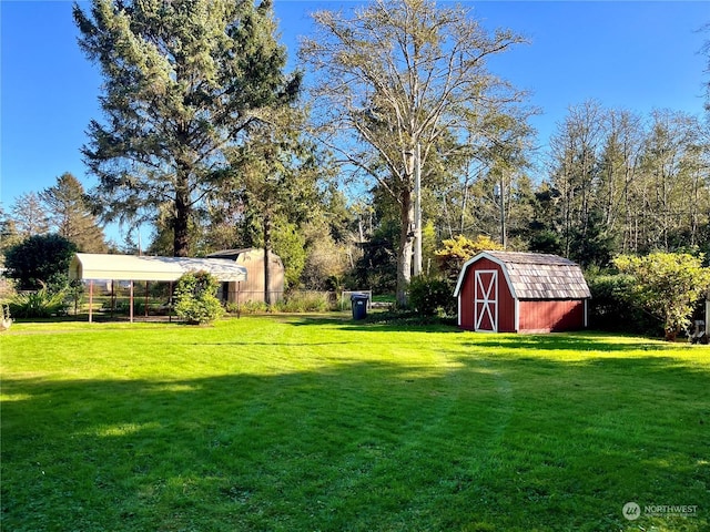 view of yard featuring an outdoor structure and a shed