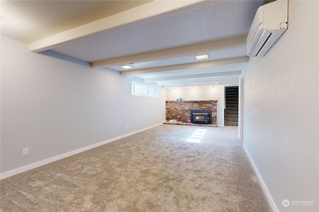 basement with carpet floors and a wall unit AC