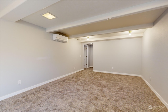 basement featuring carpet floors and a wall unit AC