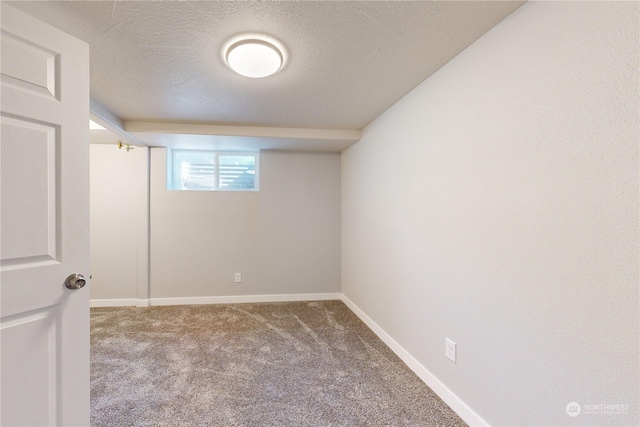 basement featuring carpet floors and a textured ceiling