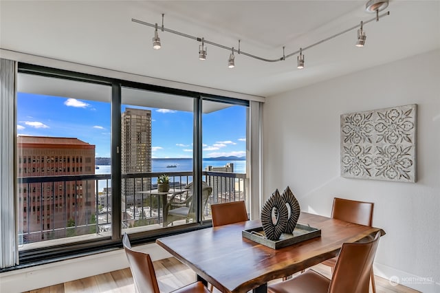 dining space featuring hardwood / wood-style flooring, a water view, and rail lighting