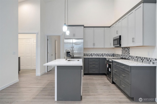 kitchen featuring pendant lighting, appliances with stainless steel finishes, tasteful backsplash, light hardwood / wood-style floors, and a kitchen island with sink