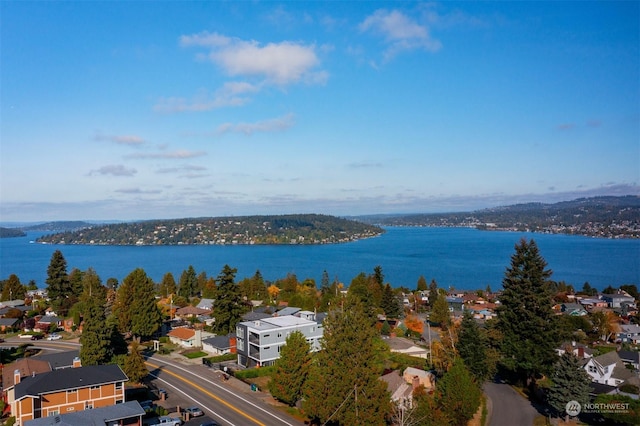 birds eye view of property with a water view and a residential view