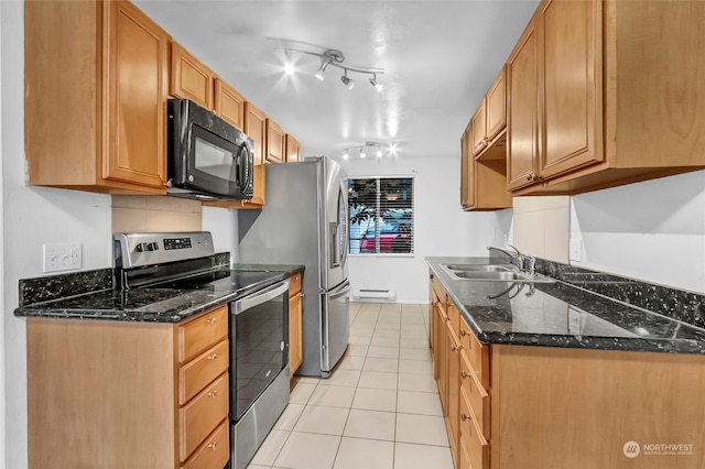 kitchen with light tile patterned floors, sink, dark stone countertops, stainless steel range with electric cooktop, and a baseboard radiator