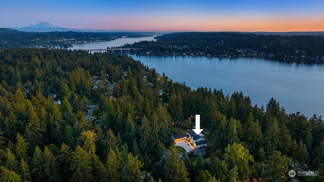 aerial view at dusk featuring a water view