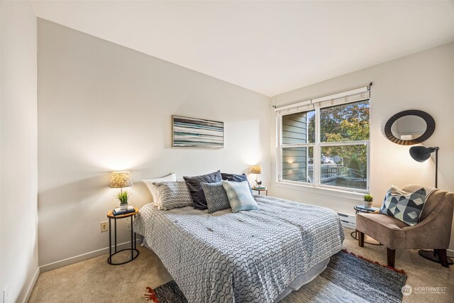 carpeted bedroom featuring a baseboard heating unit