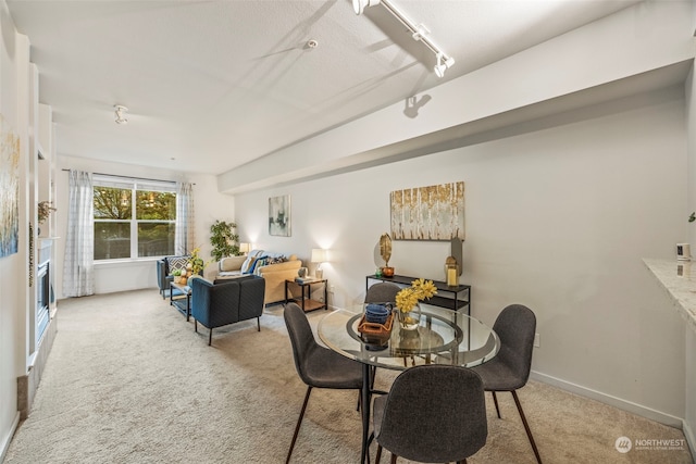 dining room with rail lighting and light carpet