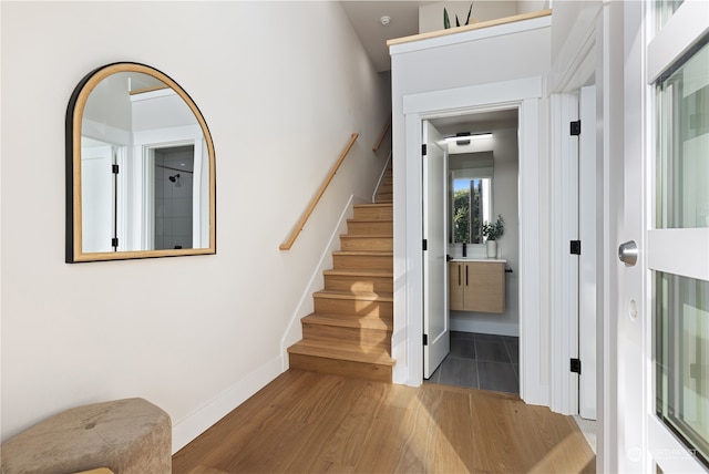 staircase featuring wood-type flooring