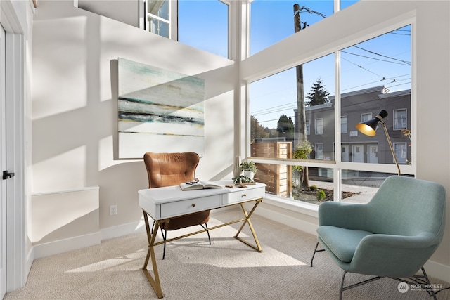 carpeted home office featuring a towering ceiling