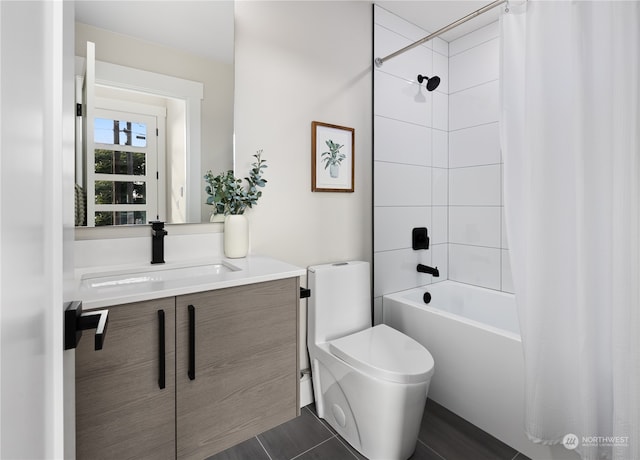 full bathroom with shower / bath combo, toilet, tile patterned flooring, and vanity