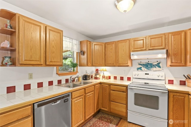 7220 Fair Oaks Loop SE, Olympia, WA 98513 - kitchen with white electric stove, dishwasher, under cabinet range hood, a sink, and open shelves