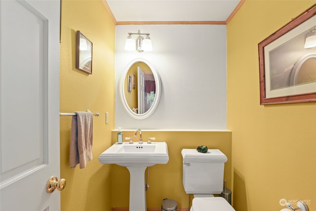 bathroom with crown molding and toilet