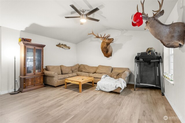 living room featuring ceiling fan, light wood-type flooring, and vaulted ceiling