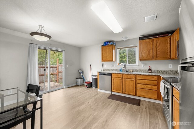 kitchen with sink, appliances with stainless steel finishes, plenty of natural light, and light hardwood / wood-style floors