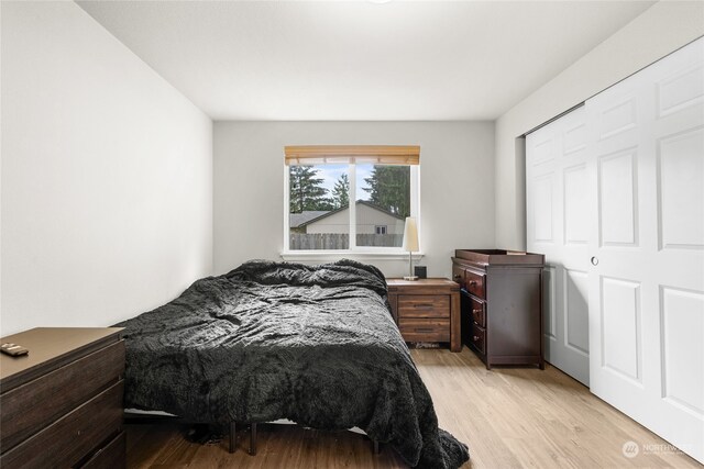 bedroom with light wood-type flooring and a closet