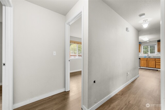 corridor with hardwood / wood-style flooring