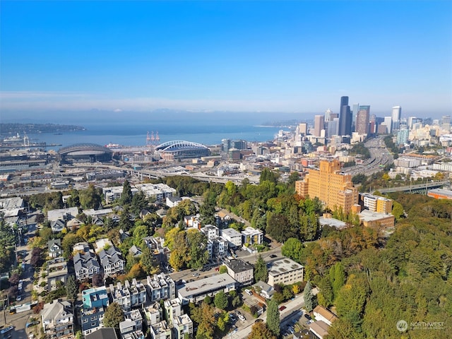 drone / aerial view featuring a water view