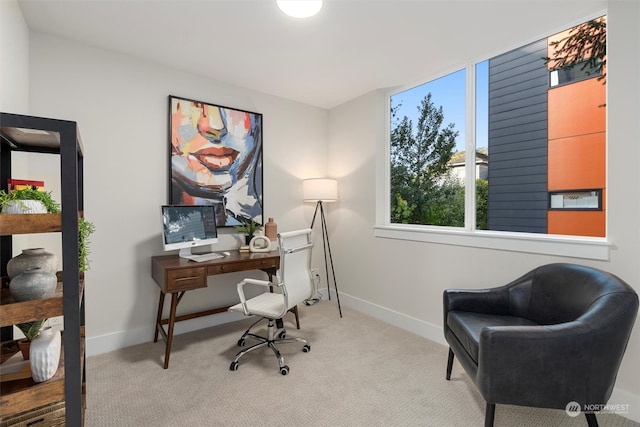 office area featuring light carpet