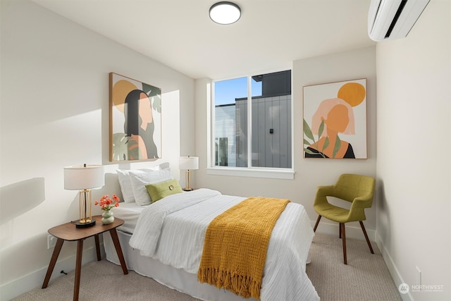 carpeted bedroom featuring a wall unit AC