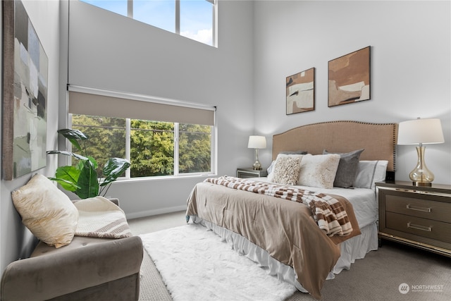 bedroom featuring multiple windows, carpet flooring, and a high ceiling