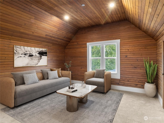 carpeted living room with wood walls, wood ceiling, and vaulted ceiling