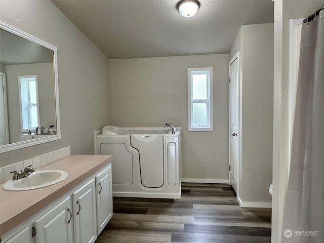 bathroom featuring vanity, hardwood / wood-style floors, and toilet