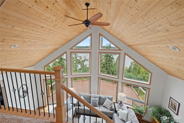 interior space with high vaulted ceiling, wood-type flooring, wooden ceiling, and ceiling fan