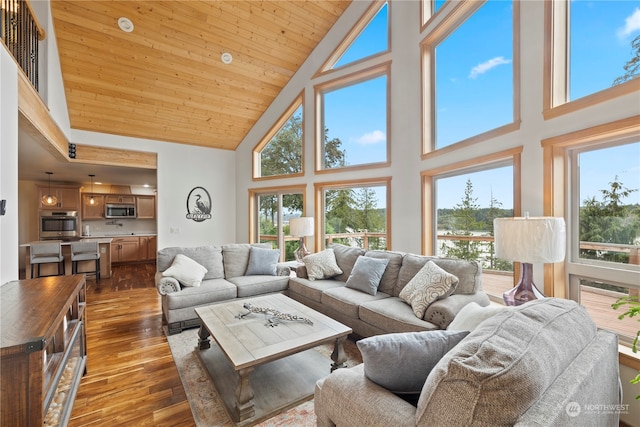 living room featuring plenty of natural light, dark wood-type flooring, wood ceiling, and high vaulted ceiling