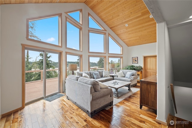 living room featuring wood ceiling, high vaulted ceiling, and light wood-type flooring