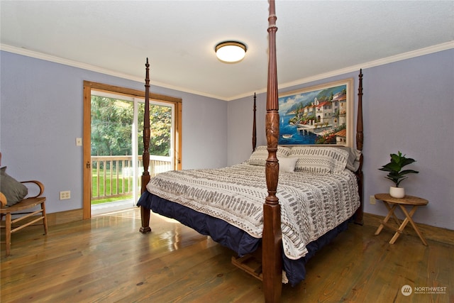 bedroom with access to exterior, crown molding, and dark hardwood / wood-style floors