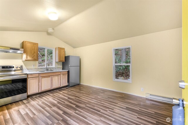 4220 Brays Way, Bellingham, WA 98226 - kitchen featuring stainless steel appliances, a baseboard radiator, wood finished floors, vaulted ceiling, and light countertops