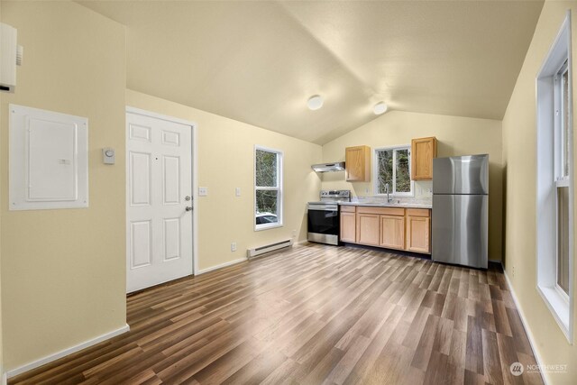 4220 Brays Way, Bellingham, WA 98226 - kitchen with appliances with stainless steel finishes, a baseboard heating unit, under cabinet range hood, electric panel, and light countertops