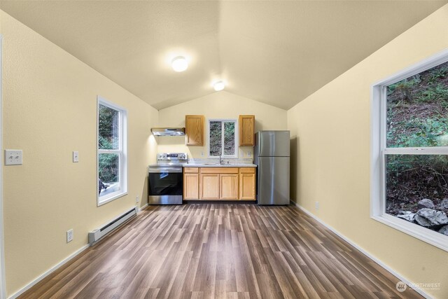 4220 Brays Way, Bellingham, WA 98226 - kitchen featuring stainless steel appliances, a baseboard radiator, under cabinet range hood, dark wood-type flooring, and vaulted ceiling