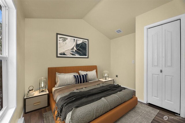 4220 Brays Way, Bellingham, WA 98226 - bedroom with dark wood-type flooring, lofted ceiling, and a closet