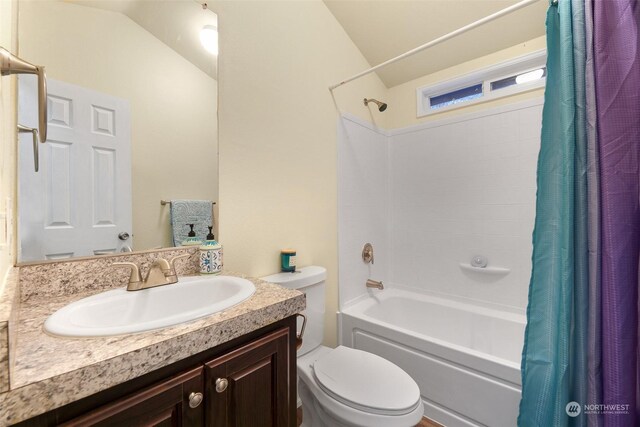 4220 Brays Way, Bellingham, WA 98226 - bathroom with shower / bathtub combination with curtain, vanity, and vaulted ceiling