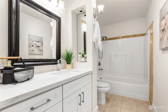 full bathroom featuring shower / bath combination, tile patterned floors, vanity, and toilet