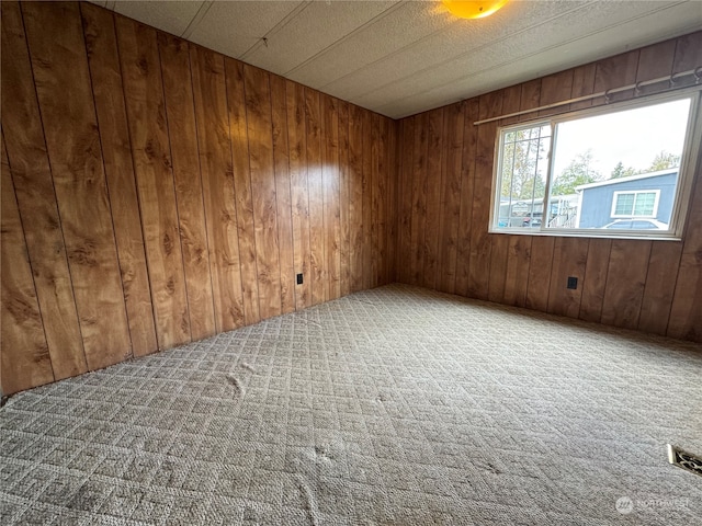 spare room featuring wood walls and carpet