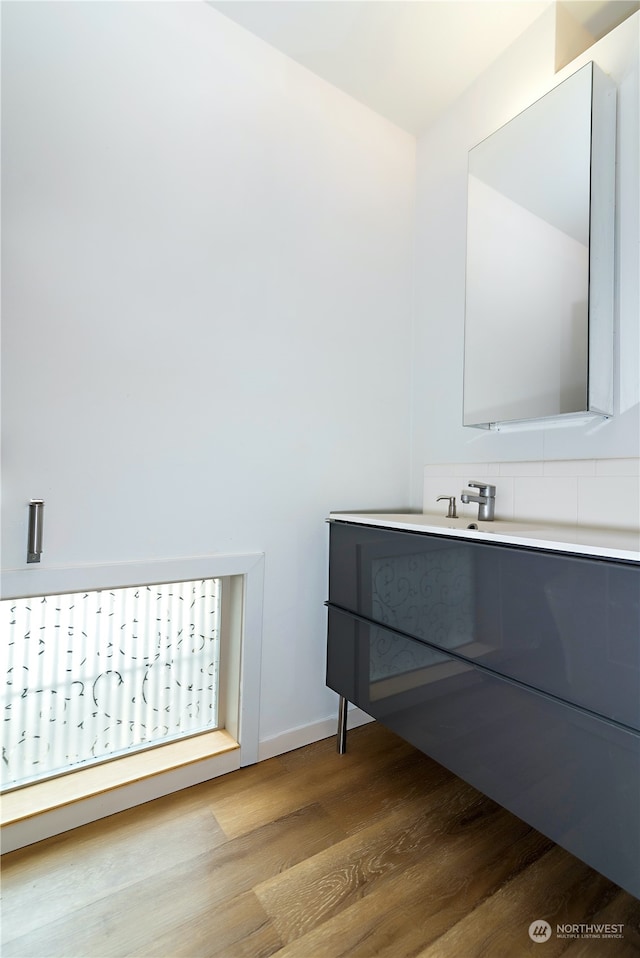 bathroom with vanity and wood-type flooring