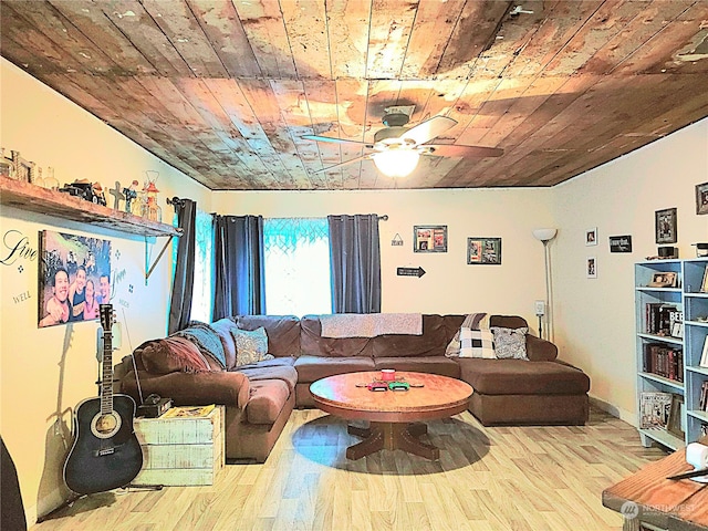 living room featuring ceiling fan, hardwood / wood-style floors, and wooden ceiling