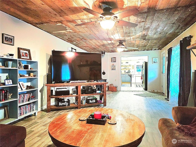 living room featuring wooden ceiling, wood finished floors, and a ceiling fan