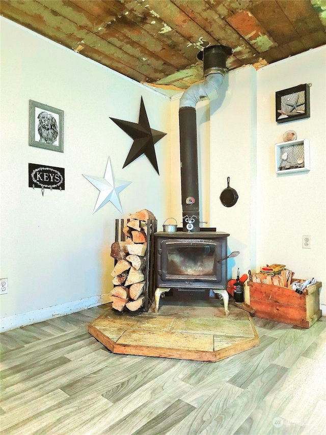 details featuring a wood stove and hardwood / wood-style floors