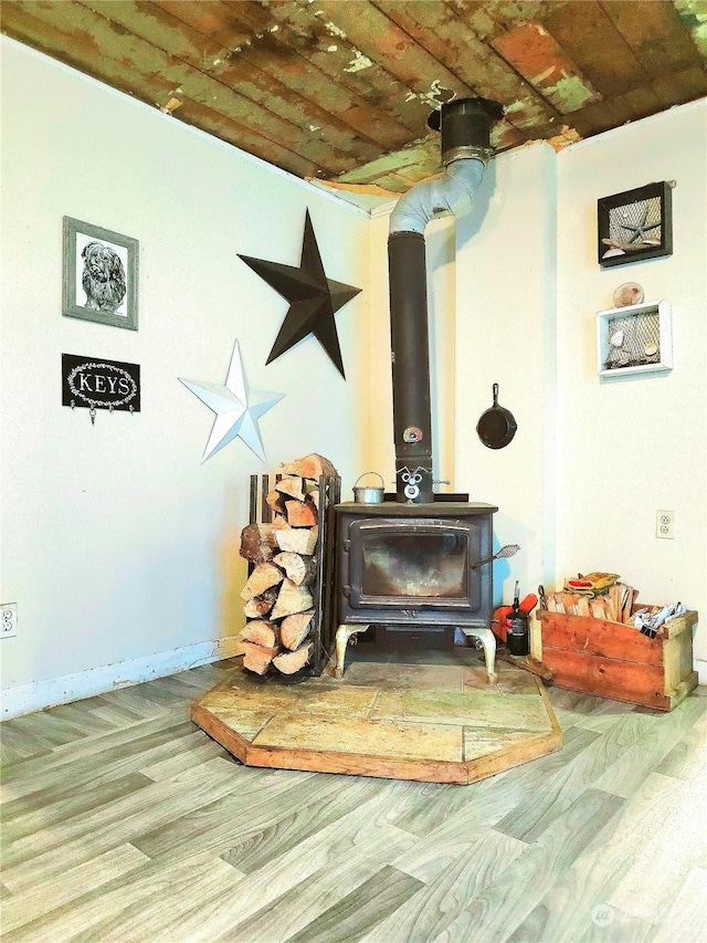 room details featuring a wood stove and wood finished floors