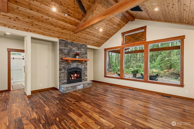 unfurnished living room with a fireplace, beamed ceiling, high vaulted ceiling, wood ceiling, and dark hardwood / wood-style floors