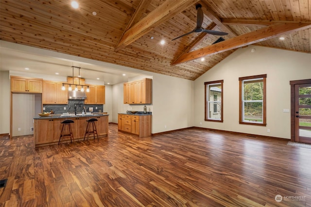 living room featuring ceiling fan, high vaulted ceiling, beamed ceiling, wood ceiling, and dark hardwood / wood-style floors